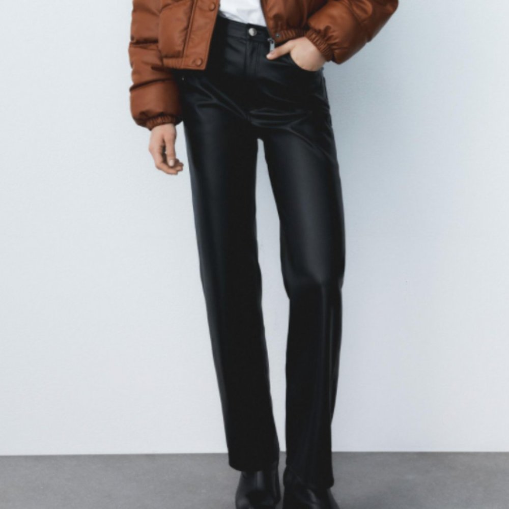 Zara Full Length Black Leather Pants Size 10 NWT